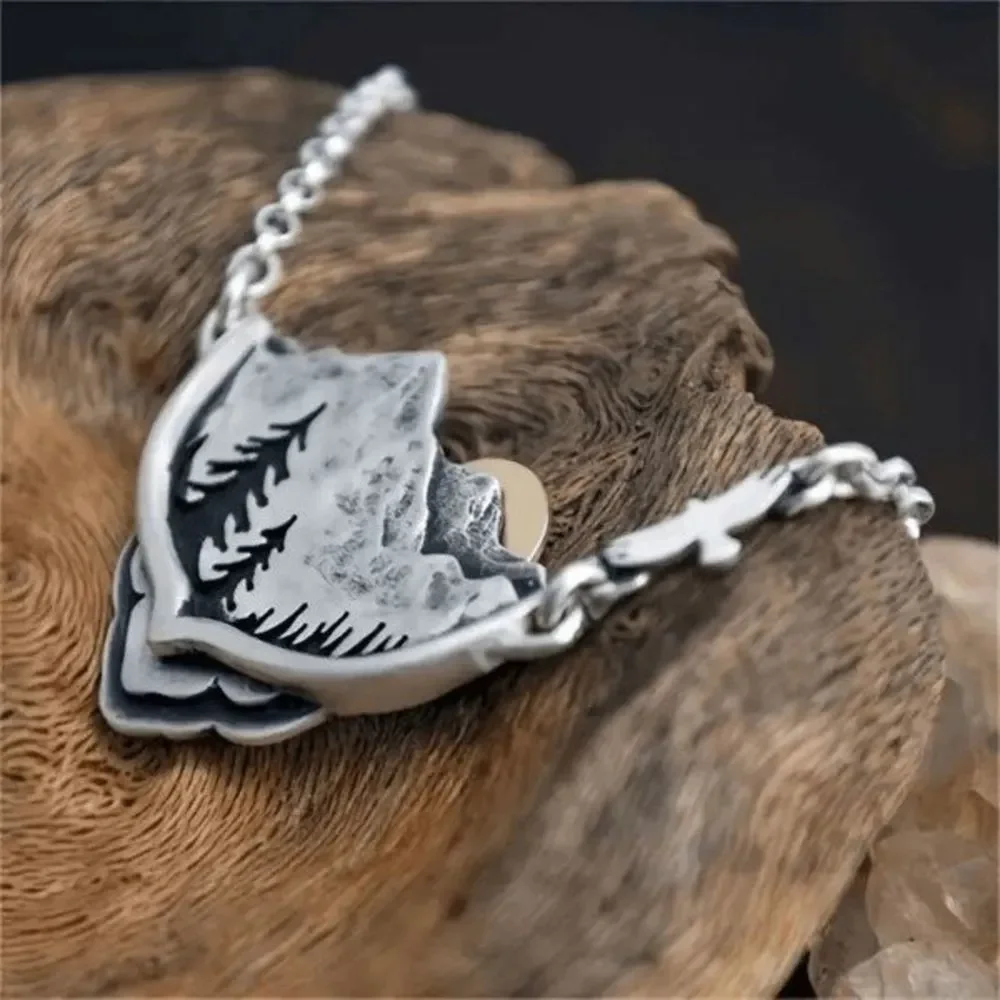Silver Mountain Valley Pines Moon Sunset Boho Landscape Scalloped Necklace